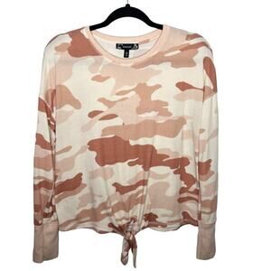 DEREK HEART / tan peach camo print tie front pullover top / M